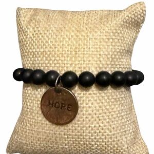 Black Obsidian Beaded Bracelet Engraved Penny Charm “Hope” Stretch Bracelet